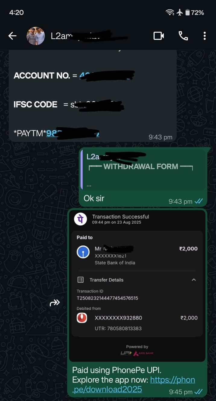 Laser247 instant IMPS withdrawal proof via WhatsApp 1