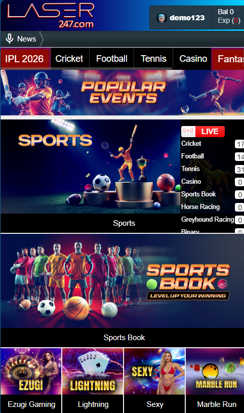 Laser247 live dashboard for IPL 2026 betting displaying live odds and account balance